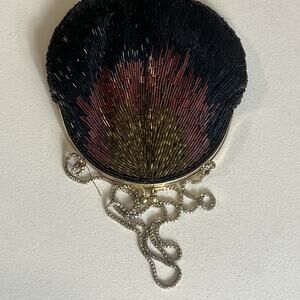 La Regale Clutch Evening Multicolor Peacock Irideiscent Beaded Silver Chain Vtg